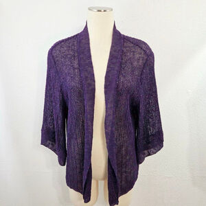 Eileen Fisher dark purple linen open knit cardigan sweater sheer women's size xl